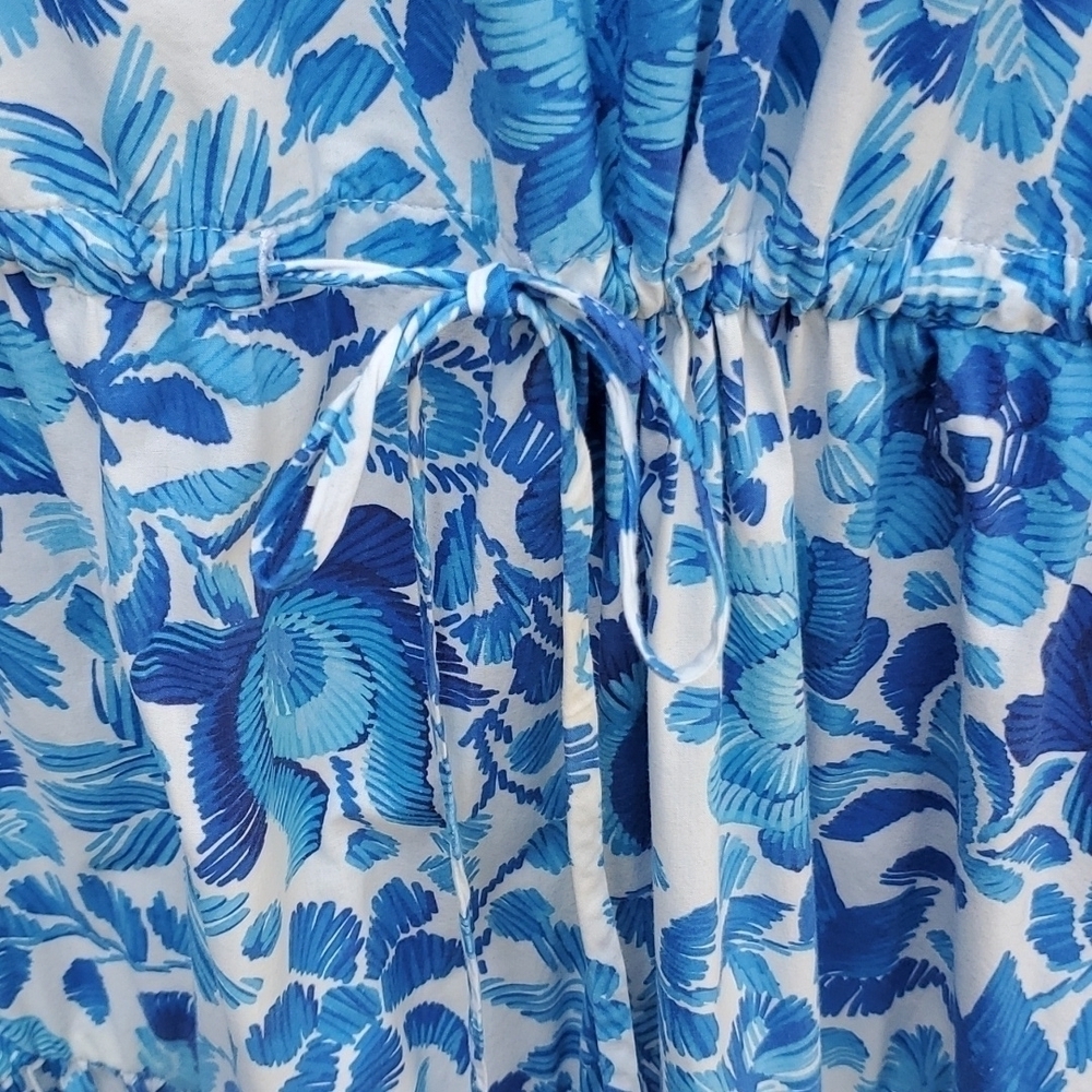 MDS Stripes Blue Floral Midi Dress 3/4 Sleeve V-Neck Keyhole Tie Front Cotton - Picture 5 of 6